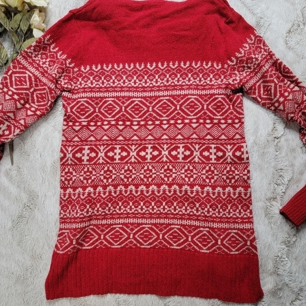 ✨️CL Eddie Bauer Soft Red Cowl Drawstring Neck Festive Winter Print Sweater Sz S